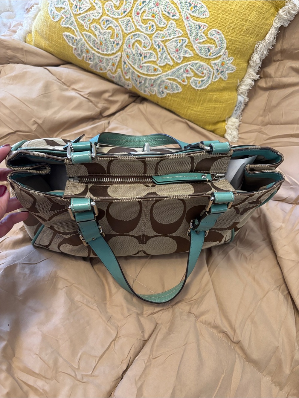Coach Brown Signature Satchel with Teal Trim - Picture 5 of 7